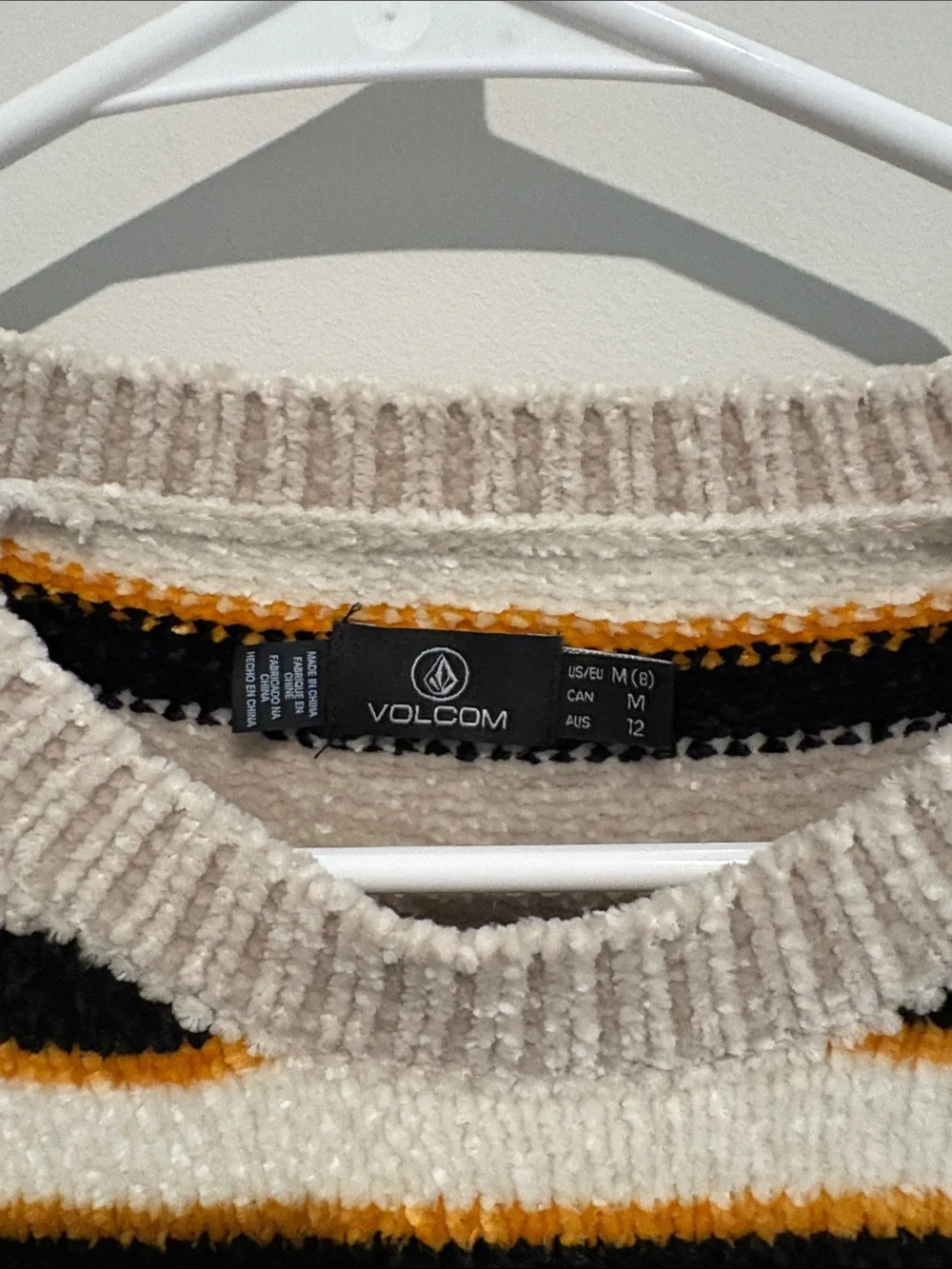 Volcom Striped Crewneck Sweater in Beige, Black & Gold